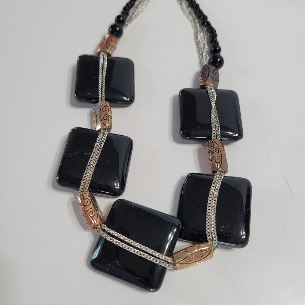 Simulated Onyx Rectangle Bib Statement Glass Neck… - image 2